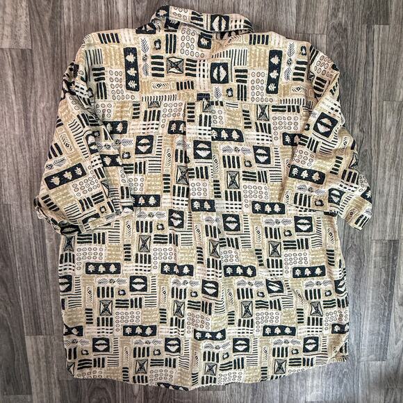 David Taylor 100% Silk Button Up Shirt Beige Black Print Mens XL - Picture 2 of 4